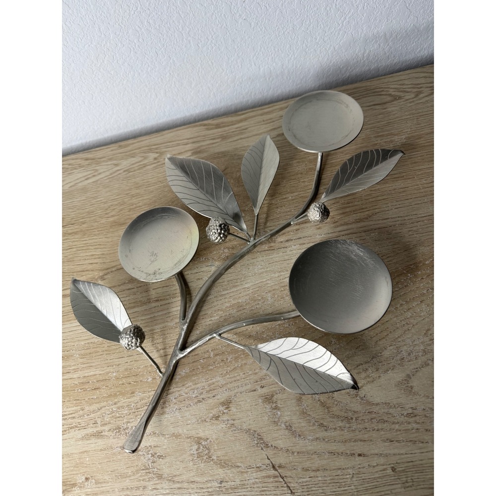 Crate & Barrel Silver Metal Branch Pillar Candle Holder 3-Plate Botanical Leaf